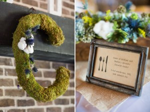 Moss wedding initial with cotton and thistle.